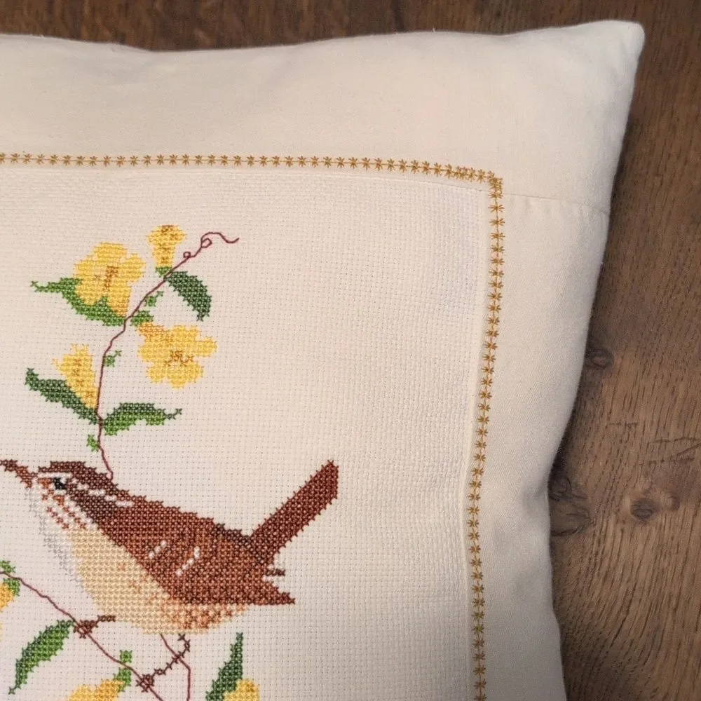 Handmade Cross Stitch Bird and Floral Accent Throw Pillow Vintage